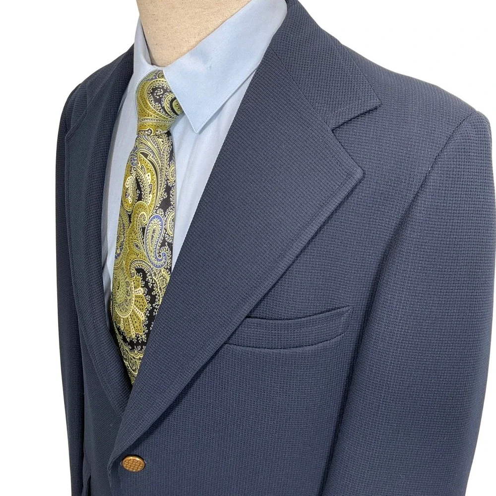 JCPenney Blazer Mens 38R Blue Gold Button Woven Poly 70s Leisure Suit Jacket VTG